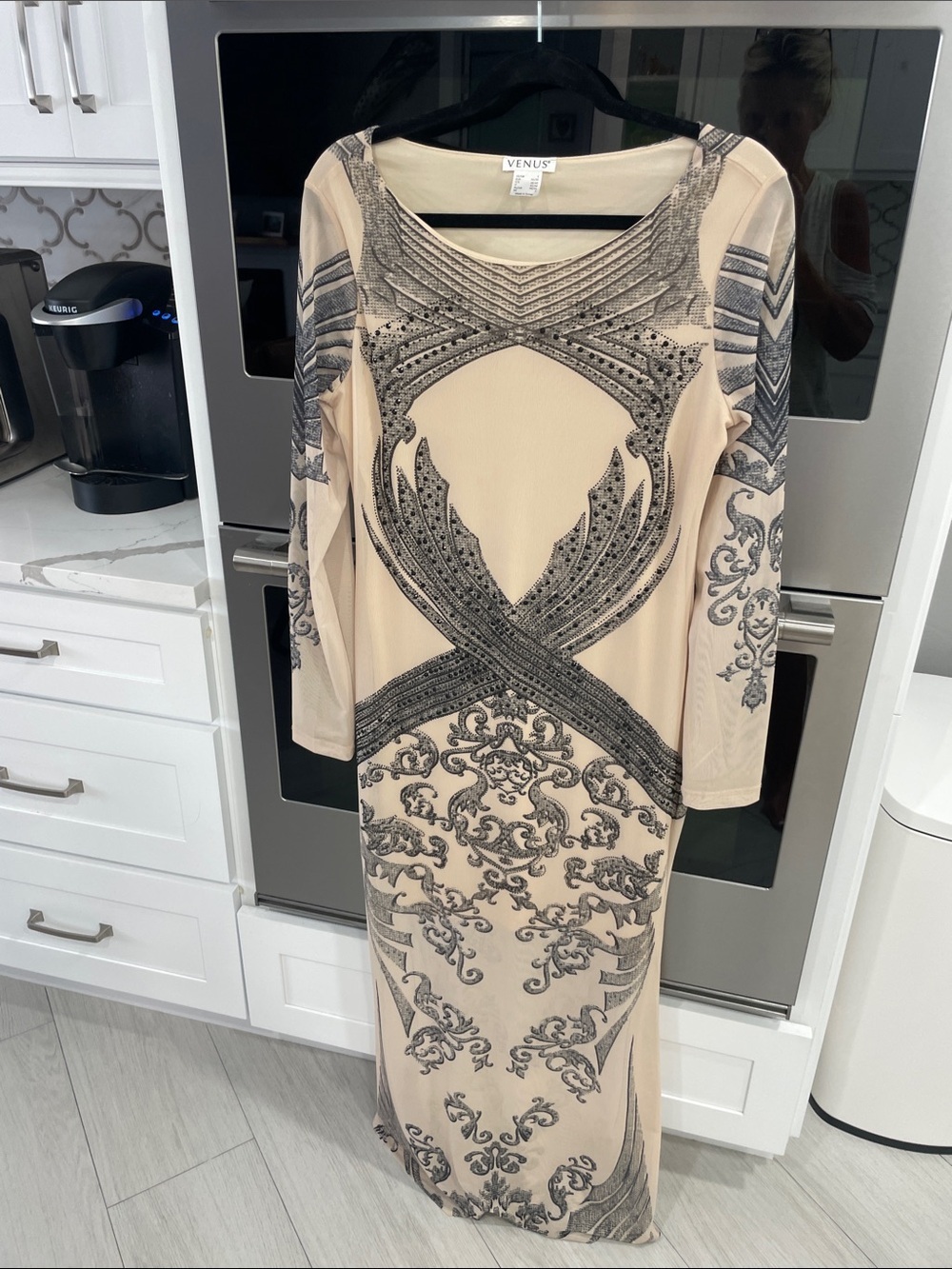 VENUS Beige Long Sleeve Maxi Dress with Black Embellished Motif